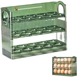 DABATO Egg Refrigerator Storage Box, Green, 3-Layer, Auto-Flip, Vertical Design, 11 x 7 x 5.5 in