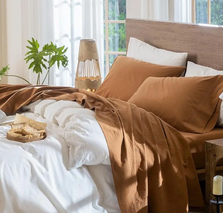 MooMee Bedding Sheet Set 100% Washed Cotton Linen Like Textured Breathable Durable Soft Comfy (Solid Dark Orange, Queen) Solid Dark Orange