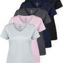 Real Essentials 5 Pack: Women's Dry-Fit Short Sleeve V Neck T Shirt Workout Fitness Yoga Top Tee (Medium)