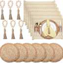 Zhehao 6 Set/18 Pcs Boho Placemats, Natural Cotton Burlap and Grass Woven Mats, Macrame Table Decor and Farmhouse Style Placemats with Tassels Beads Napkin Rings for Wedding Dining Table