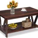 WLIVE Coffee Table with Storage Shelf, 39.4" Farmhouse Coffee Table with V-Frame Support, 2-Tier Wood Rustic Center Table for Living Room, Bedroom & Balcony, Espresso, 39.4in