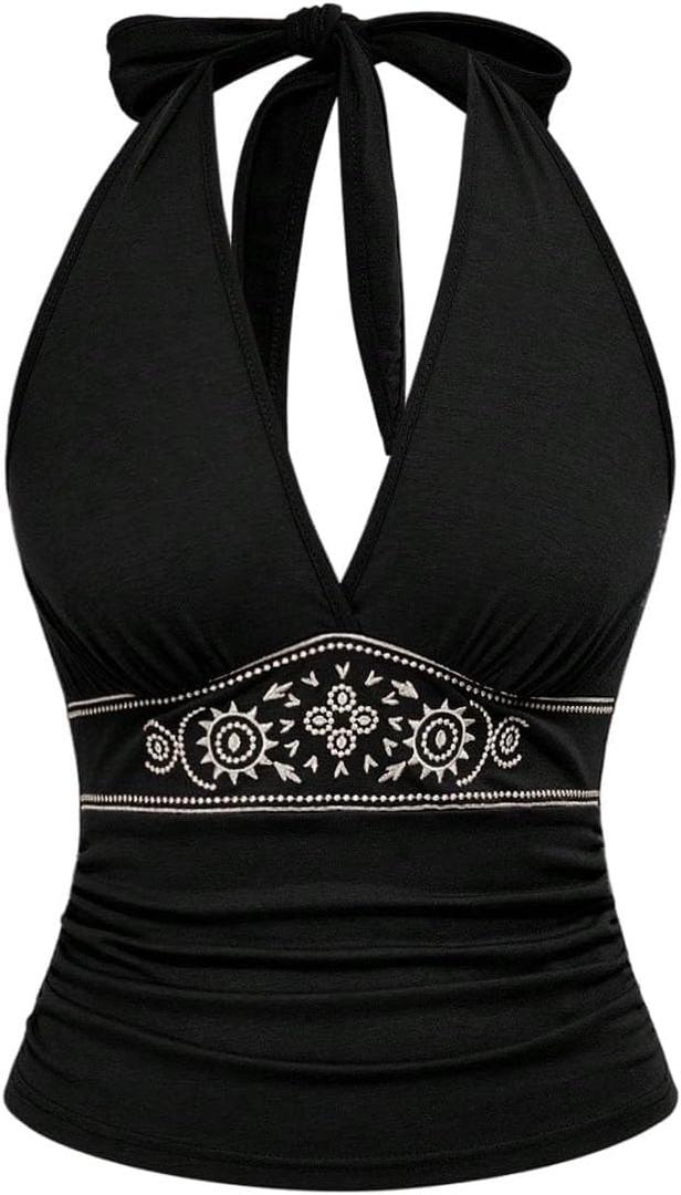 BEAUDRM Women's Western Tops Cowgirl Boho Tops 70s Hippie Cowboy Cowgirl Outfits Going Out Backless Halter Tank (Black, S)