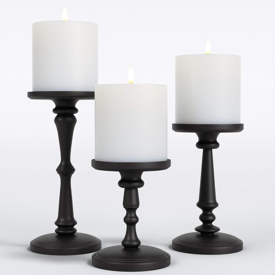 Matte Black Candle Holders Set of 3  Metal Candle Holders for Pillar Candles & LED Flameless Candles  6, 8 & 10 Inch Tall  Decorative for Table, Fireplace & More  Pillar Candles Holders Sets of 3
