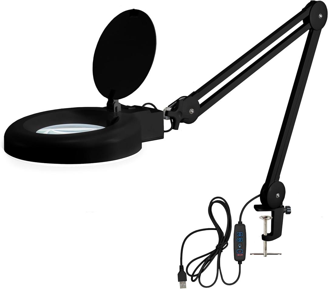 Neatfi (New Model) LED Magnifying Lamp with Clamp, 12W, 60 SMD LEDs, Adjustable Step Dimming Brightness, Desk Lamp Magnifier Light for Crafts, Painting, and Hobbies (Black, 5-Diopter) (5-Diopter, Black)