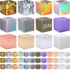Zhehao 48 Pack Holographic Gift Boxes Small Cardboard Gift Boxes with Lids Bulk 3 x 3 x 3 Inch Square Kraft Cube Paper Box Assemble for Candles Wedding Presents Easy Birthday