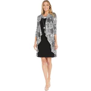 R&M Richards 2PC Pleated Printed Flyaway Jacket W/Solid Tank Dress (8, Black/White)