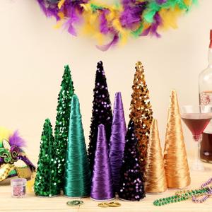 Yuntau 10 Pcs 10" 8" 6" Mardi Gras Glitter Cone Tree Decorations Cone Tree Centerpiece Tabletop Ornaments Mardi Gras Table Centerpiece for Indoor Room Wedding Party Holiday Mantle Decoration