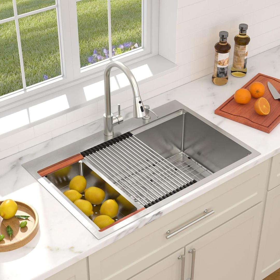Dcolora 33x22 Drop In Kitchen Sink Workstation 16 Gauge 304 Stainless Steel Single Bowl Topmount Sinks, Round Corner 33"x22"x10", DC-T7741