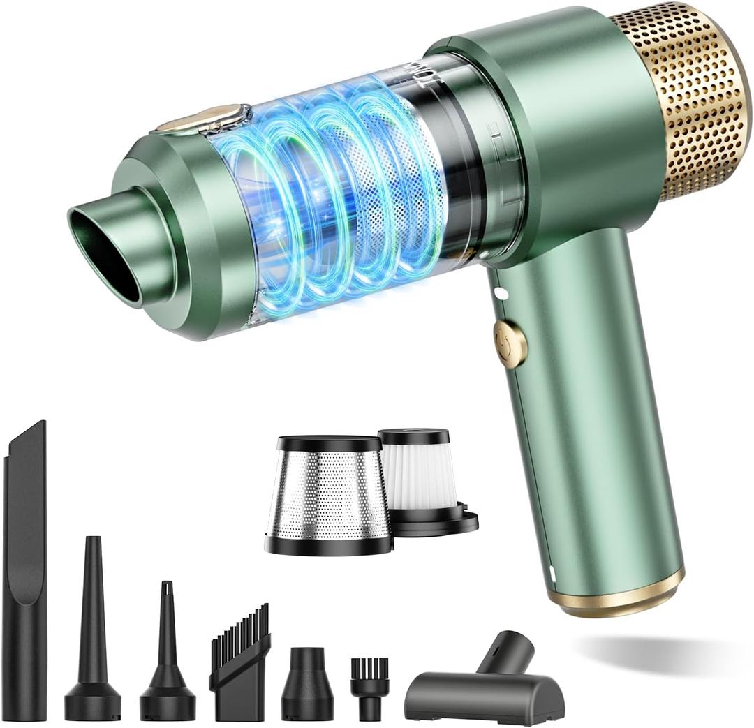 JONYJ Handheld Car Vacuum Cleaner, 16000PA Hand Held Vacuum Portable Cordless, 2 in 1 Air Duster and Vacuum Cleaner with LED Light, Multi-Nozzles, 120W High Power Mini Vacuum for Home, Pet, Office (Green & Gold)