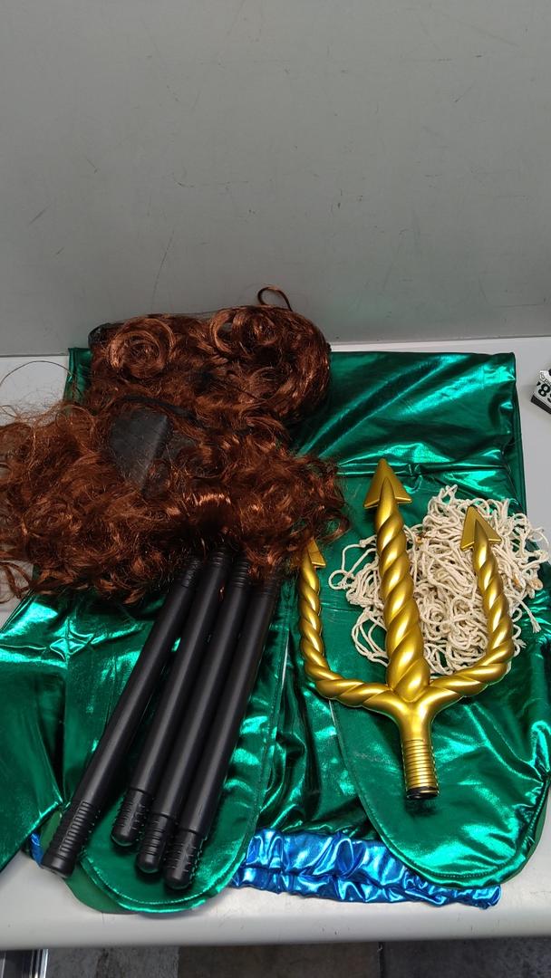 Jiuguva 4 Pcs Halloween Salty Merman Costume for Men, Include Full Brown Wig and Bread Wreath Plus Size Merman Costume Fishnet Top Golden Trident Spear for Adults Party Accessories