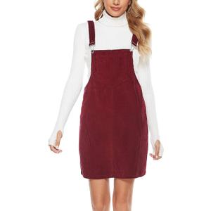 Tanming Women's Corduroy A Line Cute Jumper Pinafore Bib Overall Mini Dress Skirt (Medium, Wine Red)