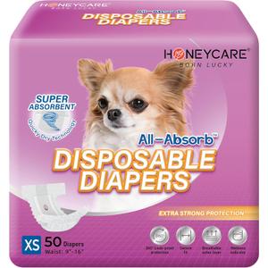 HONEY CARE All-Absorb Disposable Female Dog Diapers Extra Small Size, Improved, 50 Count, Super Absorbent, Breathable, Wetness Indicator (Pack of 1, 50 Count Total)