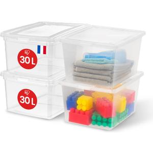 CNL-30E Multi-Use Plastic Storage Box, 30L, Pack of 4, Clear, Easy Close, Stackable, for Bedroom, Kitchen, Office, Bathroom, Clothing, Toy, BPA Free, CNL-30E