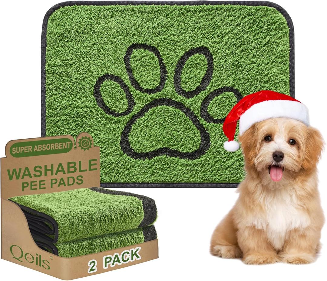 Qeils Reusable Dog Pee Pads, 2 Pack Super Absorbent & Leakproof Washable Puppy Pads with Soft Green Top Layer, for Potty Training, Crates, Couch, Car Seats & Pet Beds, 18"x24"