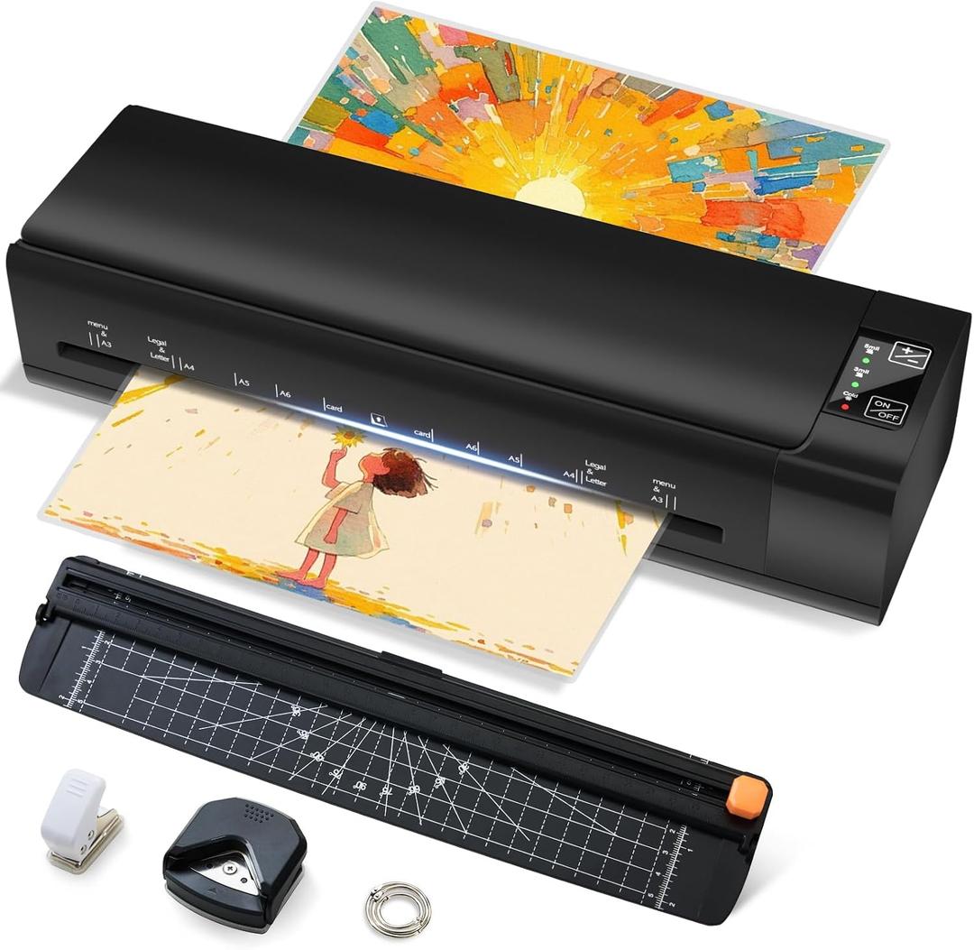 13 Inch Laminator Machine, A-3 9-in-1 Thermal Laminator with Sheets for Hot & Cold Laminating Machine, Features Fast 60-Sec Warm Technology and Never-Jam Design for Home,Office,or School,Glossy Black