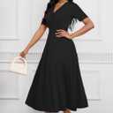 MarryUP Women's Midi Dresses - V Neck Cocktail & Church Tea Dresses - Short Sleeve A-Line Swing Dress (Black, XXL)