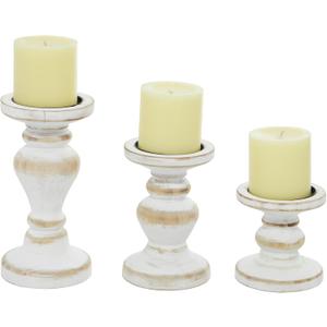 Deco 79 Wood Decorative Candle Holder Turned Style Candle Stand, Set of 3 Candlestick Holder 8", 6", 4"H, White
