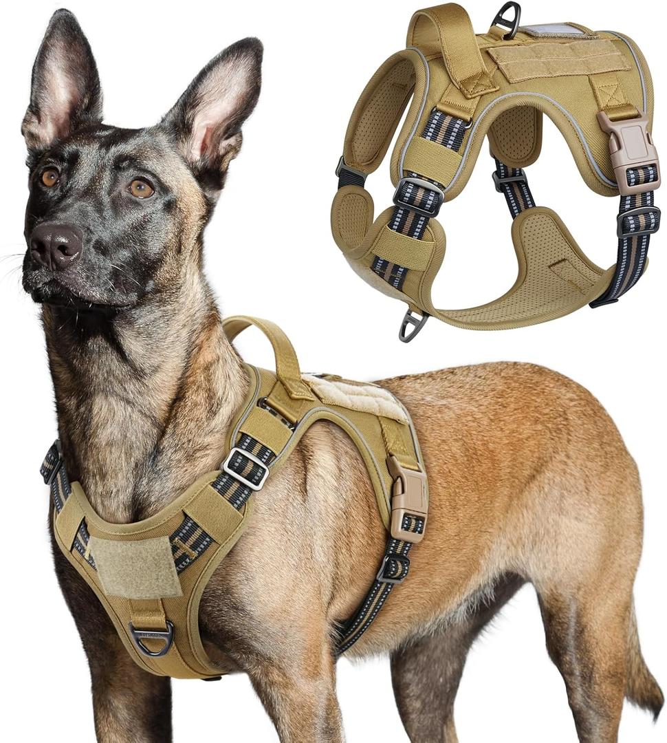 rabbitgoo Tactical Dog Harness for Large Dogs, No Pull Military Service Vest with Handle & Molle, Easy Control for Training Walking, Adjustable Reflective Straps, Brown, L