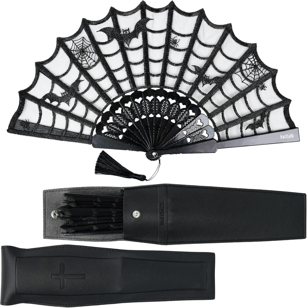Goth Folding Fan - Black Lace Handheld Fan with Spooky Spider Web Design, Gothic Accessories, Coffin Carrying Sleeve, High Airflow Fabric, Perfect for Halloween Costume