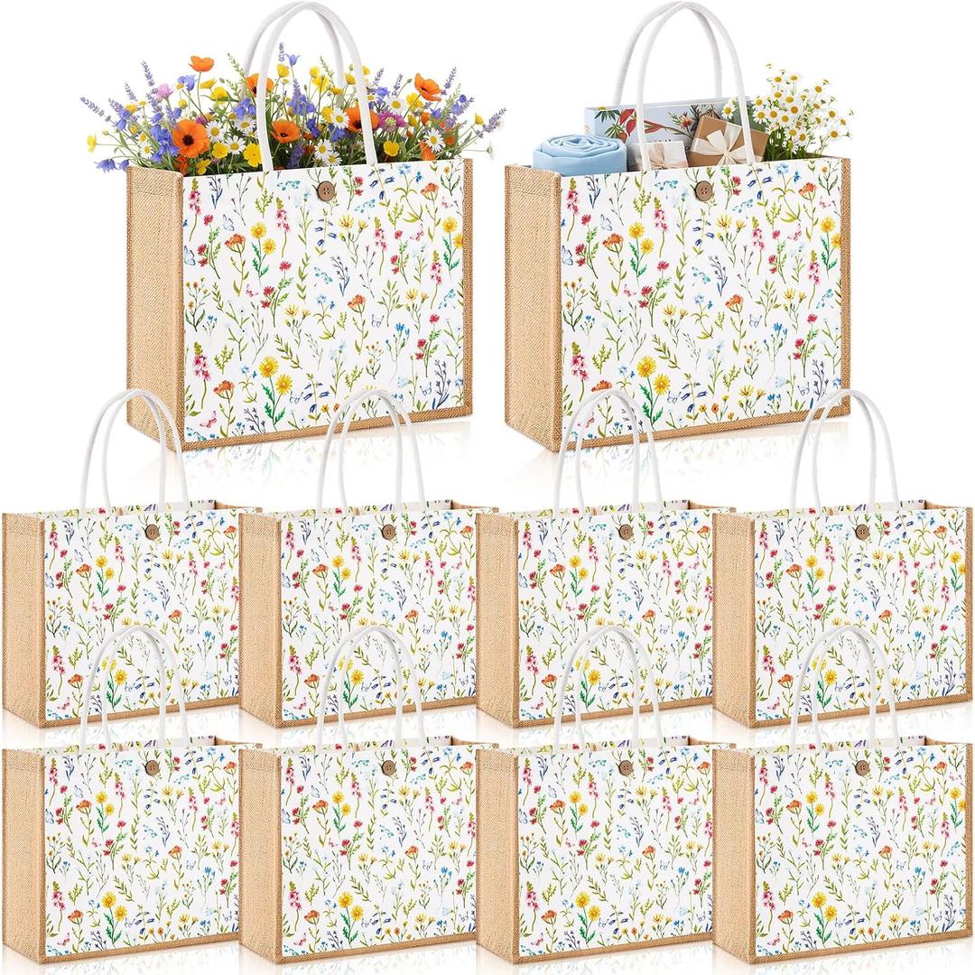 Abbylike 10 Pcs Floral Gift Bag Large Spring Wildflower Bridal Shower Burlap Tote Bag Spring Canvas Bags with Handle Button for Women Bridesmaid Wedding Birthday Engagement Party Favor Supplies