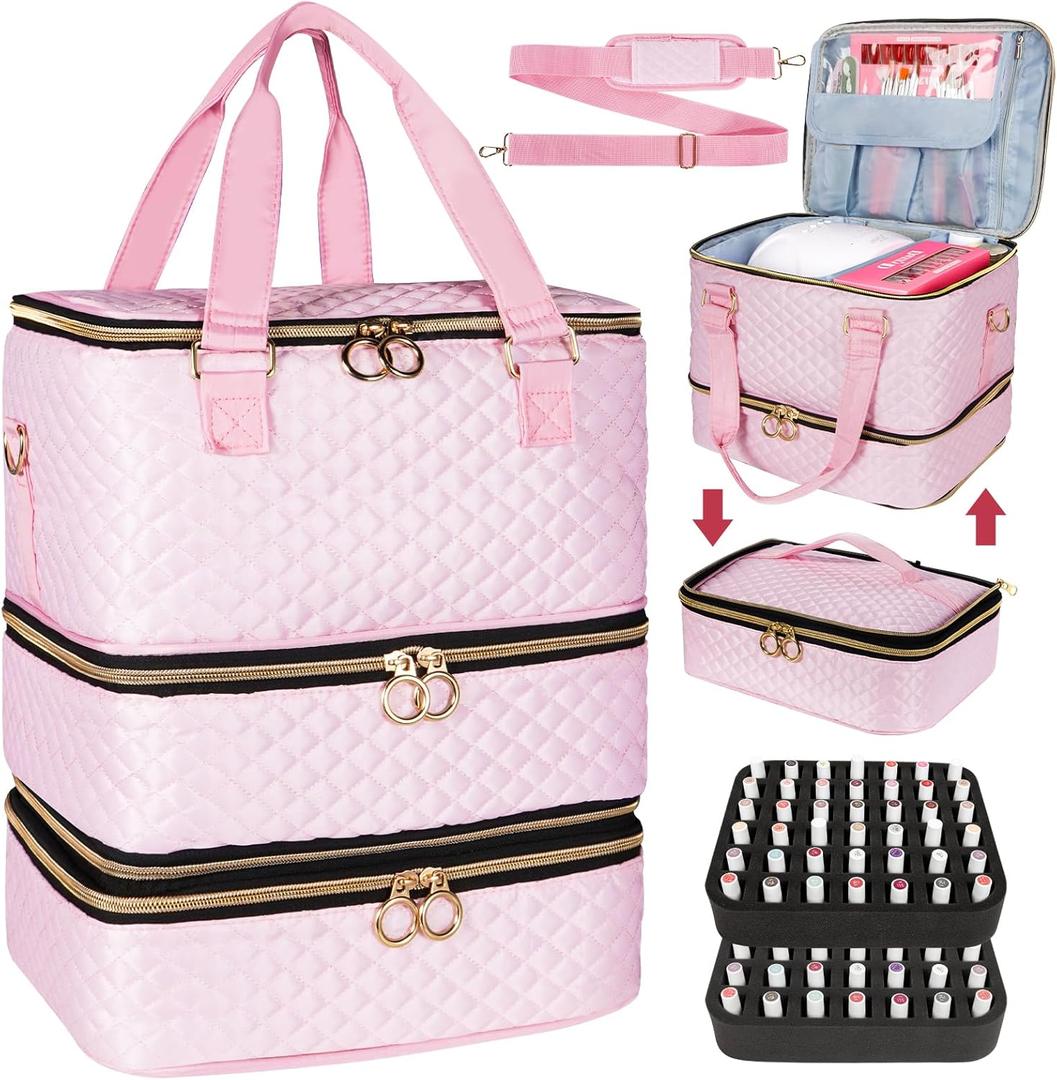 Nail Polish Organizer Bag Hold 84 Bottles(15ml/0.5 fl.oz), 3 Layers Nail Kit Supplies Organizer Bag Travel, Nail Organizers and Storage Case with Holder & Shoulder Strap, pink