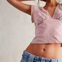 Women Y2k Cap Sleeve Crop Top Deep V Neck Low Cut Shirt Casual Slim Fit Solid Tees Summer Streetwear (Pink, S)