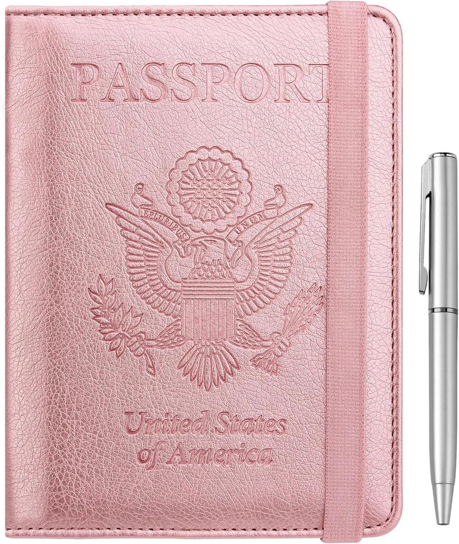 WALNEW Passport Holder for Travel, RFID Passport Cover Wallet for Women Men, PU Leather Passport Book Card Holder Case with Pen (Elastic Band Closure, A-Rosegold)