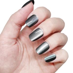 6 x Cat Eye Nails Short Squoval, Shimmery Black, Small Size Press on False Nails, 24 Reusable Fake Nails With Stick on Adhesive Tabs