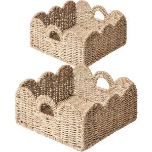 Scalloped Basket 2-Pack - Wicker & Rattan Storage with Built-in Handles, Decorative Woven Seagrass Basket for Nursery & Bathroom Organization
