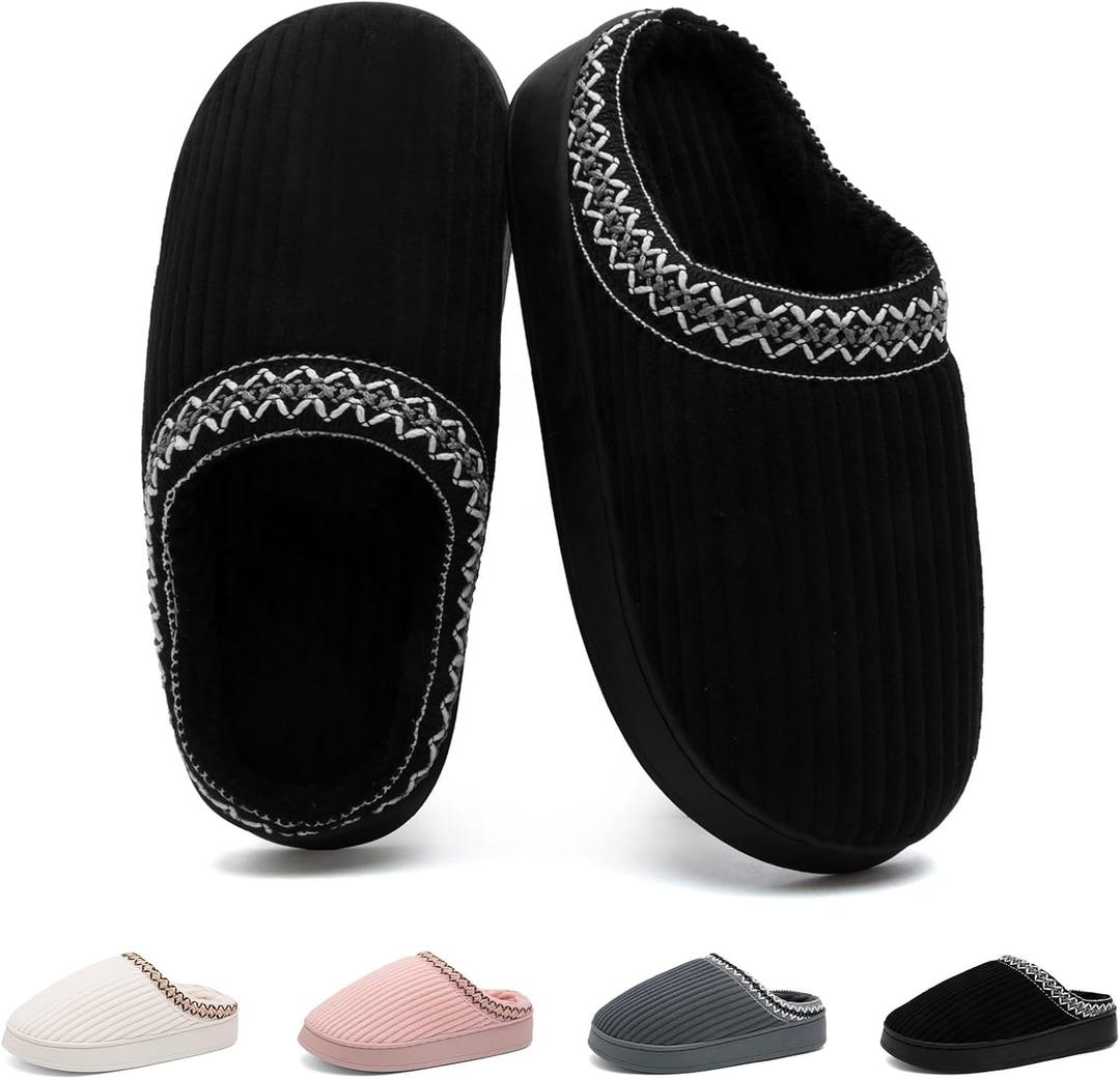 Harxxitd Slippers for Women&Men with Memory Foam Corduroy Closed Toe House Shoes Ladies Winter Warm Comfy Bedroom Women's Slipper Indoor and Outdoor Slip-on Rubber Sole (8-9 Women/7-8 Men, Black)