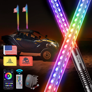 2 Pack 4FT Whip Lights with Speed Sensing, LED Whip Light with Spring Base, Tri-Sided RGB Illuminated Whip Light with Rocker Switch, App & Remote Control for UTV ATV Polaris RZR SXS Can-Am Truck