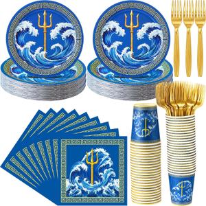 Yungyan 96 Pcs Greek Mythology Party Supplies for 24 Guests Ancient Greek Poseidon Inspired Plates, Cups, Napkins, Forks Bulk Tableware Set for Greece Mythology Birthday Holiday