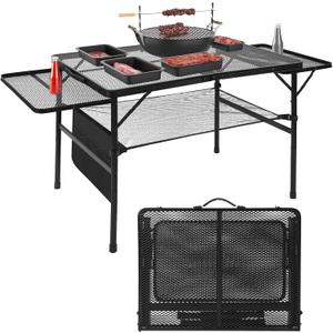 Folding Grill 4.4 FT Portable Camping Table with 2 Wing Panels, Height Adjustable Metal Outdoor Table with Mesh Desktop and Mesh Bag, Picnic, Beach and BBQ, Party, Black