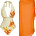 Verdusa Women's 2 Piece Sets Boho Floral One Piece Swimsuit with Cover Up Skirt Hawaiian Outfits Multicolor Large