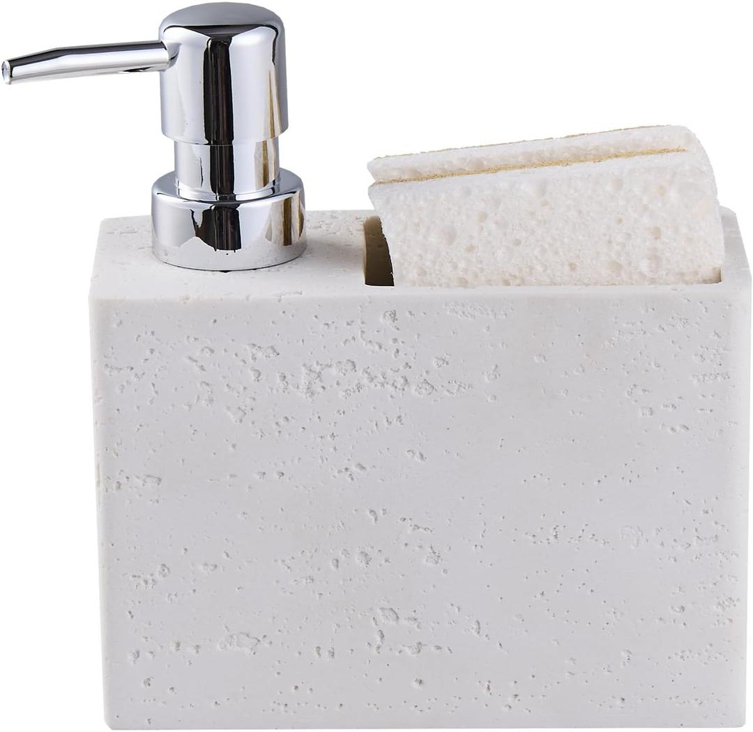 White Travertine Soap Dispenser with Sponge & Brush Holder  Hand & Dish Resin Soap Pump Bottle for Kitchen & Bathroom, 2-in-1 Countertop Organizer, with 2 Natural Sponges (Luxury Home Decor)