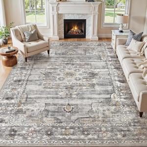 9x12 Washable Area Rug - Non Slip Vintage Indoor Large Rug for Living Room Bedroom, Machine Washable Stain Resistant Foldable Floor Mat for Office Nursery House Decor- Grey