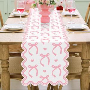Pink Bow Table Runner 72 Inches Cute Heart Linen Fabric Scalloped Table Runner Coquette Christmas Dining Decor for Birthday Baby Shower Party Valentine's Home Decor(Bow A)