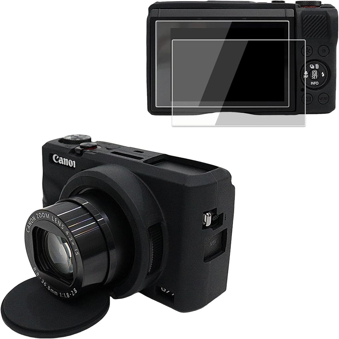 VOVMOEYA Camera Case for Canon Powershot G7 X Mark III with 2PCS Screen Protector,Full Pritection Soft G7X III Silicone Case Detachable Lens Cover Protective Cover for Canon G7XIII G7X3-Black