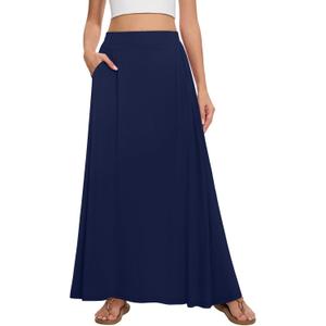 Womens Maxi A-line Long Skirt Casual 2026 Elastic High Waist Flowy Skirts with Pockets (Blue, XL)