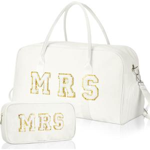 2 Pcs Wedding Weekender Bag Bride Groom Duffle Bag Chenille Letter Patch Travel for Bridal Shower Honeymoon Gift(Mrs,White)