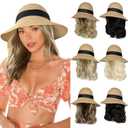 Sun Hat with Hair Extensions Hat Wig UPF 50+ Foldable Wide Brim Straw Beach Hat Attached 9" Wavy Hairpiece Synthetic for Women Summer Dark Brown