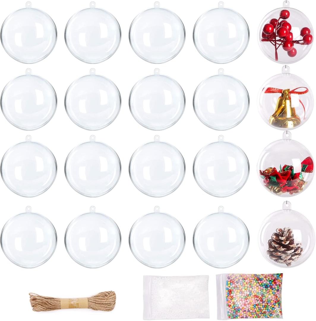 Fillable Christmas Ornaments, 20Pcs 2.3 in Clear Plastic Ornament Ball with Foam Balls and Rope for Crafts Fillable, DIY Baubles Fillable for Christmas Wedding Party Holiday Decoration (2.3 Inch)
