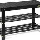 Bamboo 3 Tier Shoe Rack Bench, Premium Shoe Organizer or Entryway Bench, Perfect for Shoe Cubby, Entry Bench, Bathroom Bench, Entryway Organizer, Hallway or Living Room(Black), Large