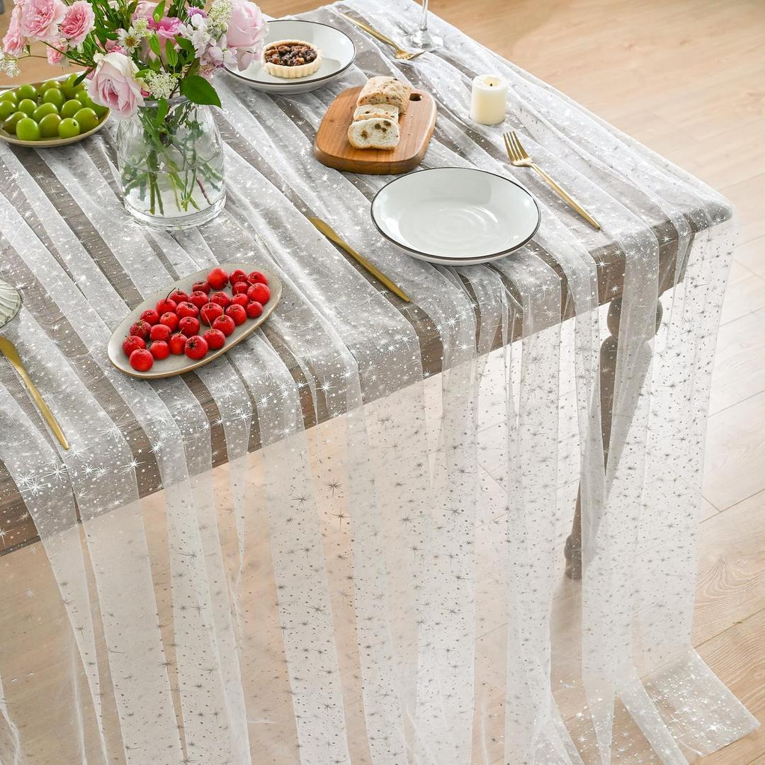 2 x Horaldaily White Silver Star Gauze Tablecloth 60x120 Inch Rectangular | Silver Sequin, Sheer Tulle Cheesecloth, Wedding Baby Shower Ceremony Birthday Decor