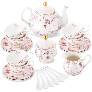 fanquare 21 Pieces British Porcelain Tea Set with Gold Trim, Pink Autumn Leaves Floral Tea Sets for Women Tea Party, 6 Teacup and Saucers for Coffee Home Wedding