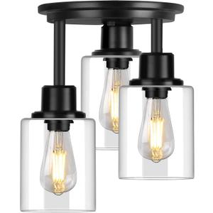 ROTTOGOON Semi Flush Mount Ceiling Light, 3-Light Close to Ceiling Light Fixtures, Matte Black Kitchen Light Fixtures with Clear Glass Shades, Hallway Light Fixtures Ceiling Mount for Foyer Entryway (9.5" x 13" (24cm x 33.8cm))