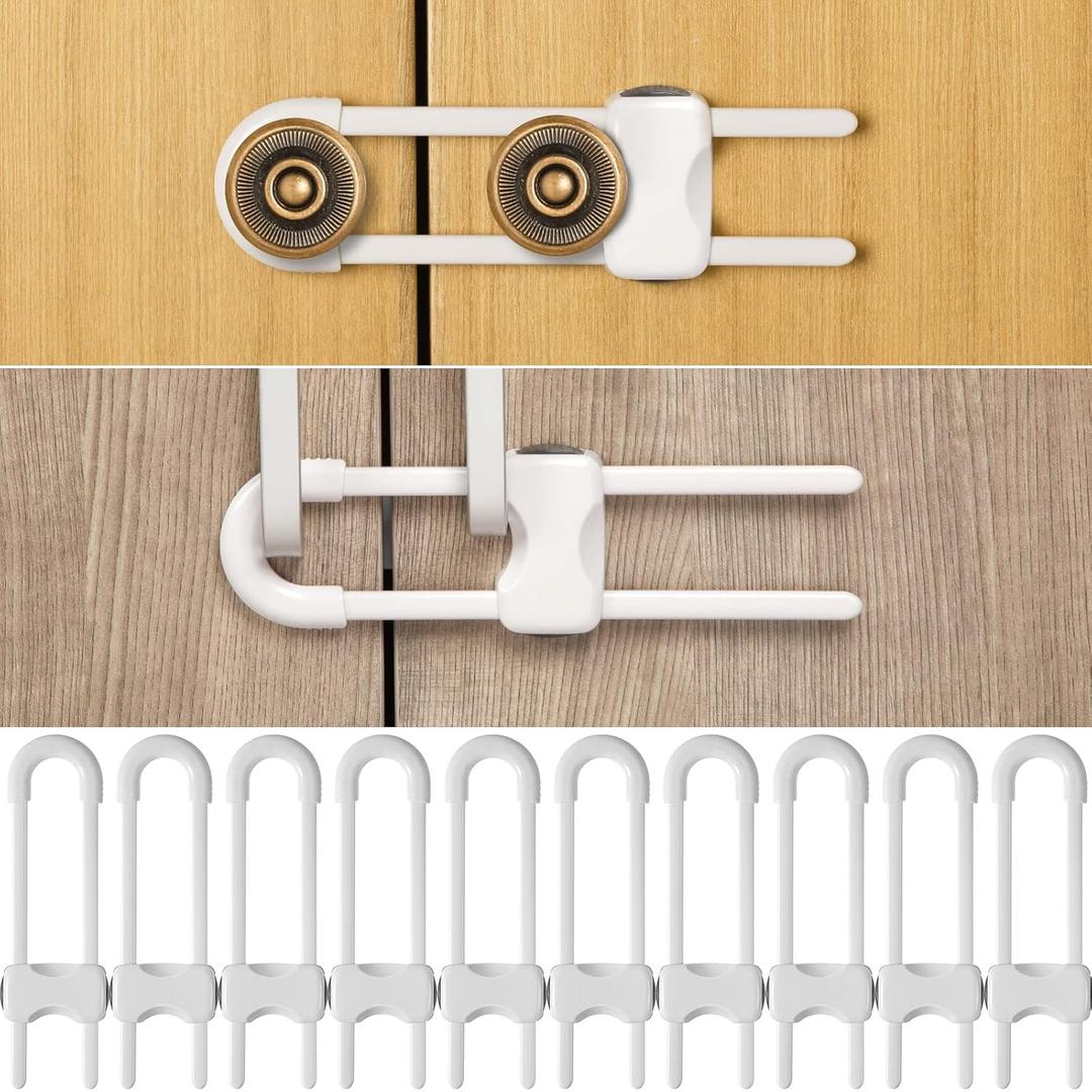 Jetec 10 Pieces Cabinet Locks for Babies, U-Shaped Proofing Drawers Safety Child Locks Adjustable, Easy to Use Childproof Latch for Knob Handle on Kitchen Door Storage Cupboard Closet (White)