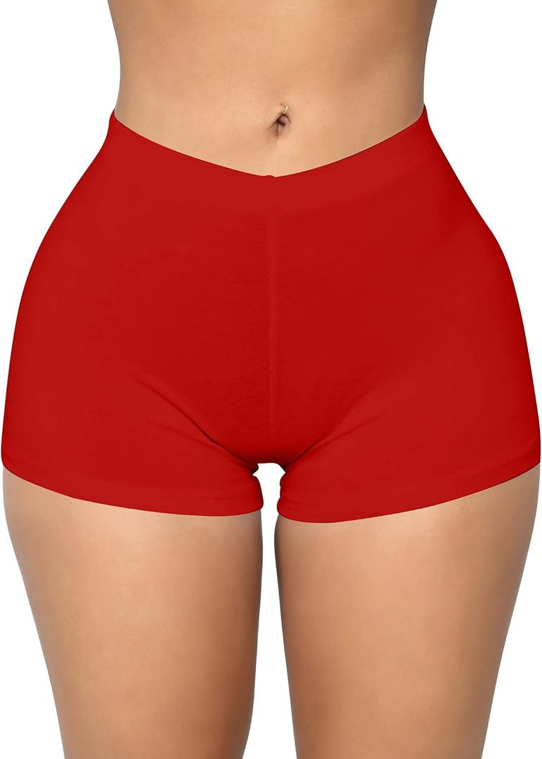 BORIFLORS Women's Sexy Workout Gym Biker Elastic Waist Booty Shorts (Red)