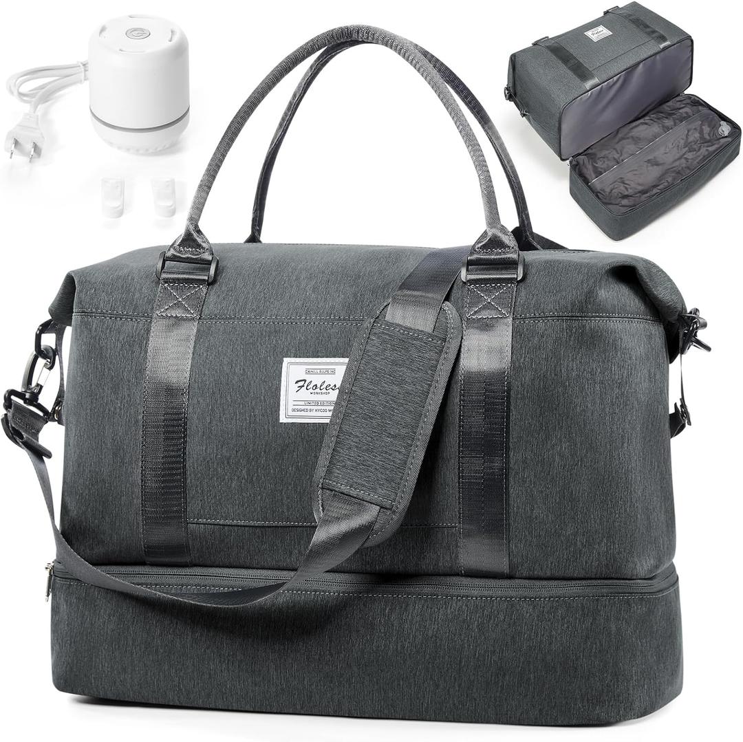 Weekender Bags for Women,Vacuum Overnight Travel Duffel Bag with Compression Pocket & Air Pump, Personal Item Travel Bag (Large)