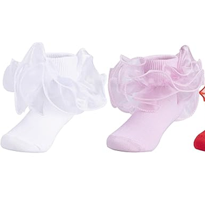 Dicry Baby Girls Double Lace Turn Cuff Socks with Big Ruffle for Infant Toddlers and Kids (6-8 Years, White, Pink- 2 Pairs)
